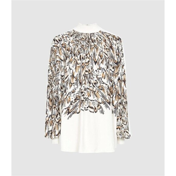 Reiss Blouse Womens Size 10 Ivory Magda Feather Print Mock Neck Poet Sleeve - Picture 5 of 14
